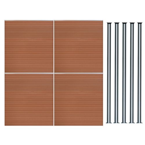 Kit Clôture 4 Panneaux Composite Plastique Marron 9 Lames À Emboîter 185 Cm H X 699 Cm L & 5 Poteaux En Aluminium À Led Solaires Texture De Bois Reversible Brise-Vue Extérieur Jardin Mur D'Intimité