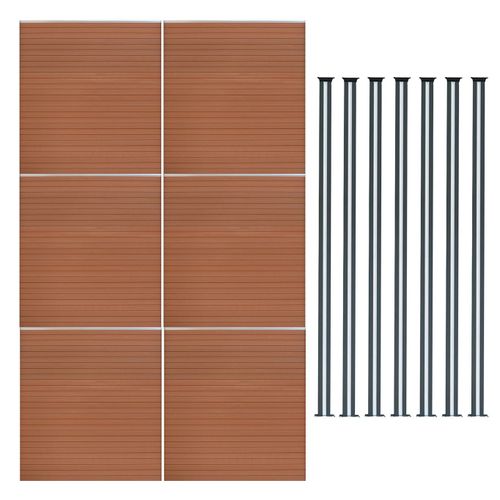 Kit Clôture 6 Panneaux Composite Plastique Marron 9 Lames À Emboîter 185 Cm H X 1045cm L & 7 Poteaux En Aluminium À Led Solaires Texture De Bois Reversible Brise-Vue Extérieur Jardin Mur D'Intimité