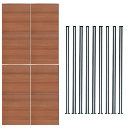 Kit Clôture 8 Panneaux Composite Plastique Marron 9 Lames À Emboîter 185 Cm H X 1391cm L & 9 Poteaux En Aluminium À Led Solaires Texture De Bois Reversible Brise-Vue Extérieur Jardin Mur D'Intimité
