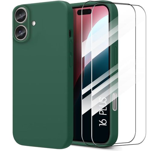Coque + 2 Verres Trempés Pour Iphone 16 Plus - Protection Silicone Slim Antichoc Anti-Rayures Vert Nuit - E.F.Connection