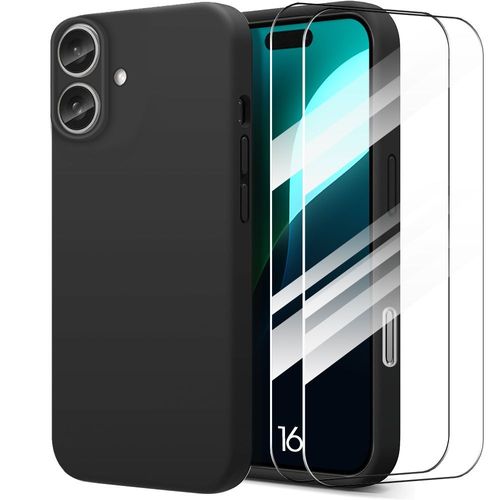 Coque pour iPhone 16 - Protection Silicone Liquide Ultra Slim Noir + 2 Verres Trempés - E.F.Connection