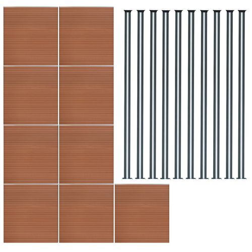 Kit Clôture 9 Panneaux Composite Plastique Marron 10 Lames À Emboîter 185 Cm H X 1564cm L & 9 Poteaux En Aluminium À Led Solaires Texture De Bois Reversible Brise-Vue Extérieur Jardin Mur D'Intimité
