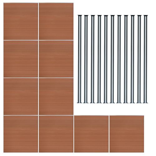 Kit Clôture 10 Panneaux Composite Plastique Marron 11 Lames À Emboîter 185 Cm H X 1737cm L & 9 Poteaux En Aluminium À Led Solaires Texture De Bois Reversible Brise-Vue Extérieur Jardin Mur D'Intimité