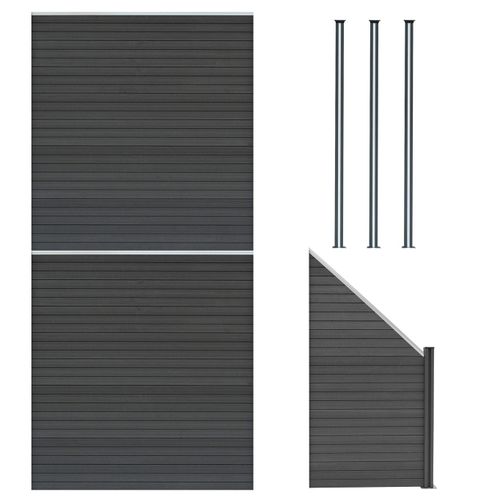 Kit Clôture Panneaux En Bois Composite Gris 2 Quadratique Et 1 Incliné 185 H X 446 Cm L & 3 Poteaux En Aluminium À Led Solaires Lames À Emboîter Texture Bois Reversible Pvc Brise-Vue Extérieur Jardin