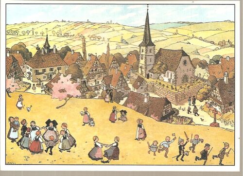 Carte Postale Moderne Illustrée Par Hansi (1873-1951 ) - L'alsace Heureuse : Enfants Heureux, Jouant Sur Les Collines Surplombant Leur Village