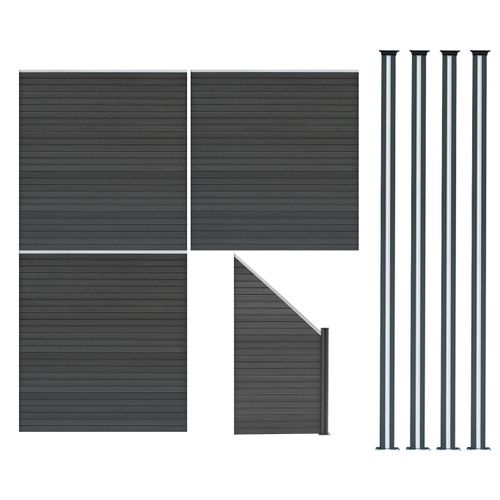 Kit Clôture Panneaux En Bois Composite Gris 3 Quadratique Et 1 Incliné 185 H X 619 Cm L & 4 Poteaux En Aluminium À Led Solaires Lames À Emboîter Texture Bois Reversible Pvc Brise-Vue Extérieur Jardin