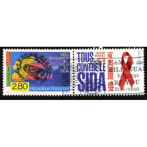 Timbre Oblitéré Découverte Du Virus Du Sida, 1983, La Poste 1994, Europa, République Française, Jubert, 2,80