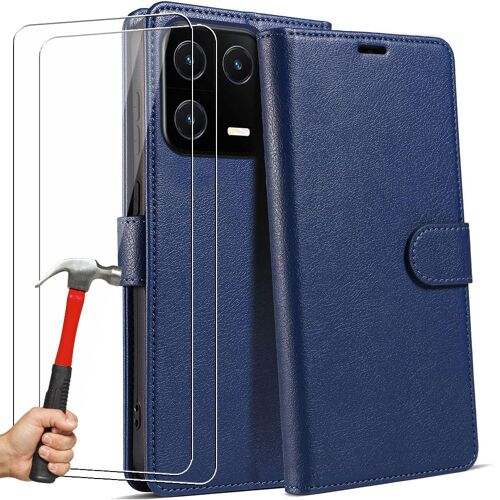 Coque pour Xiaomi 13 + 2 Verres Trempés, Protection Effet Cuir Fermeture Magnétique - Bleu Marine - E.F.Connection