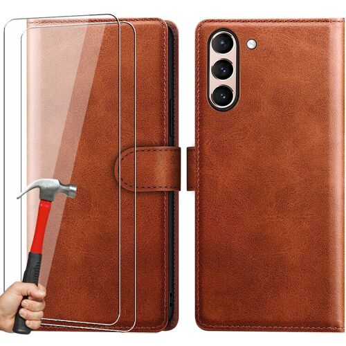 Coque pour Samsung Galaxy S21 FE + 2 Verres Trempés, Effet Cuir Antichoc Intégral Marron - E.F.Connection