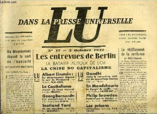 Lu Dans La Presse Universelle N° 17 - Du Désarmement Dépend Le Sort De L Humanité Par Le Grand Savant Albert Einstein, Les Entrevues De Berlin, La Bataille Autour De L Or, La Crise Du Capitalisme, Le(...)