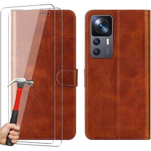 Coque Pour Xiaomi 12t / 12t Pro + 2 Verres Trempés, Protection Cuir Pu Marron Fermeture Magnétique - E.F.Connection