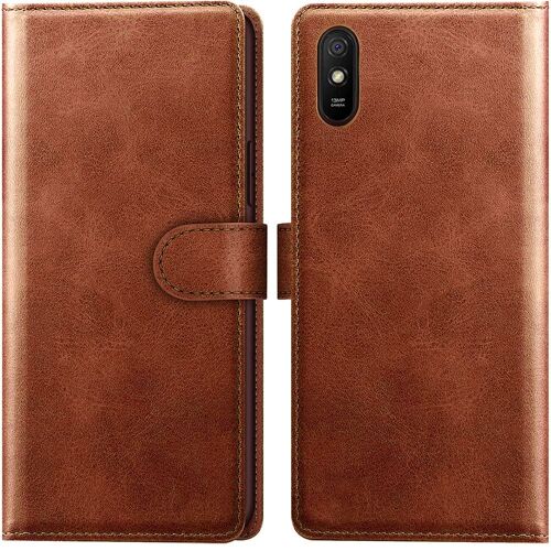 Coque pour Redmi 9A Portefeuille Souple Antichoc Porte-Carte Protection Cuir PU - Marron - E.F.Connection