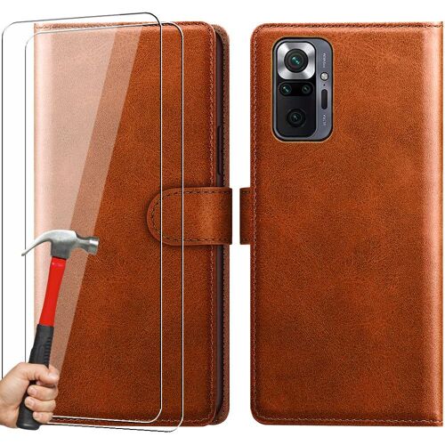 Coque pour Redmi Note 10 Pro + 2 Verres Trempés, Protection Effet Cuir Marron - E.F.Connection