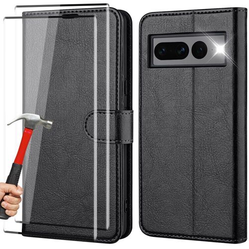 Pack de 2 Verres Trempés avec Coque pour Google Pixel 7 Pro Noir Porte-Carte Portefeuille Cuir PU - E.F.Connection