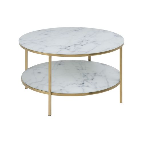 Table Basse Ronde Effet Marbre En Verre Et Métal 2 Niveaux - L.80 Cm X H. 45 Cm - Doré Et Blanc