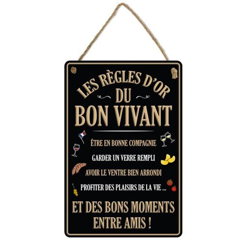 Plaque en métal à suspendre Les règles d'or du bon vivant