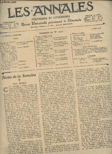 Les Annales Politiques Et Littéraires N°1407-28e Année, 12 Juin 1910 (Édition De Luxe)-Sommaire: Les Carosses À 5 Sols Par Anatole France- Le Café Anglais Par Sergines- Musique-- Poésie- Petite(...)