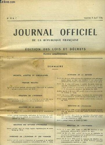 Journal Officiel De La République Française. N°35 N.C.. Edition Des Lois Et Décrets, Numéro Complémentaire