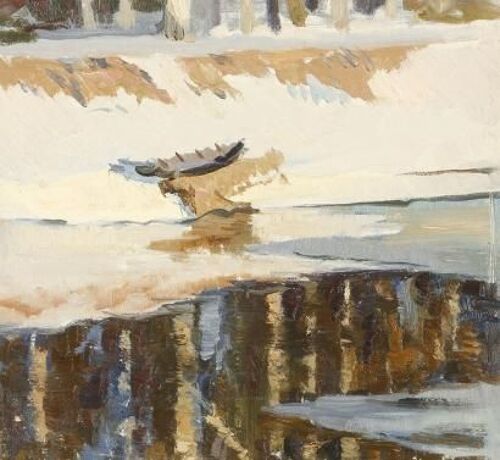 Bateau Sur Un Lac Enneigé Au Printemps