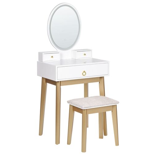 Coiffeuse Blanc Et Doré Avec Miroir À Led Et Tabouret Rosey