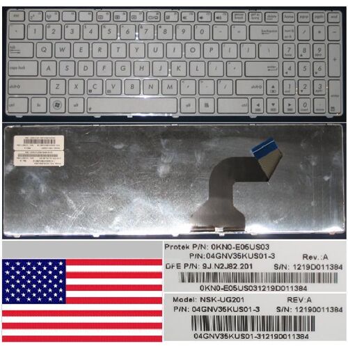 Clavier Qwerty US DOMESTIQUE Pour ASUS G60 G73 G60J G60JX G60V G60VX, N61 N61V N61VG N61W N61J X61SL N71V Series, Blanc / White, Blanc-frame, Model: NSK-UG201, P/N: 9J.N2J82.201, 04GNV35US01-3, 0KN0-E