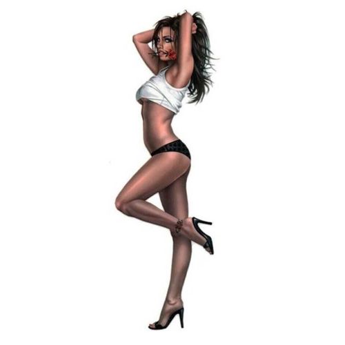 Autocollant Pin Up Brune Mini T Shirt Blanc Fleur Dans La Bouche 13 X 4,5 Cm