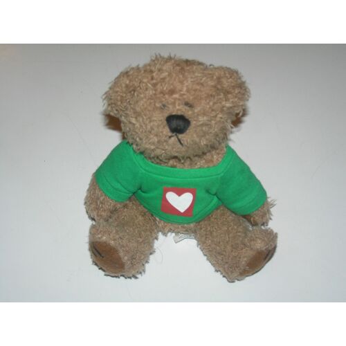 Peluche Doudou Ours Assis Caramel T Shirt Vert Coeur Société Newsport 19 Cm