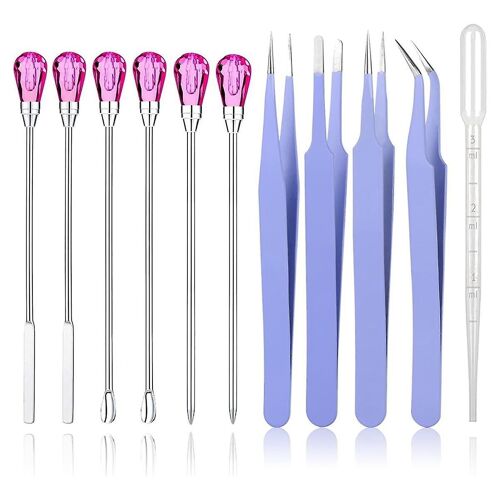 11 Pcs Resin Mold Tools Set Stirring Needle Spoon Tool Tweezers Precision Kit (Purple + Rose Red)