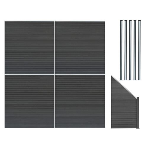 Kit Clôture Panneaux En Bois Composite Gris 4 Quadratique Et 1 Incliné 185 H X 772 Cm L & 5 Poteaux En Aluminium À Led Solaires Lames À Emboîter Texture Bois Reversible Pvc Brise-Vue Extérieur Jardin
