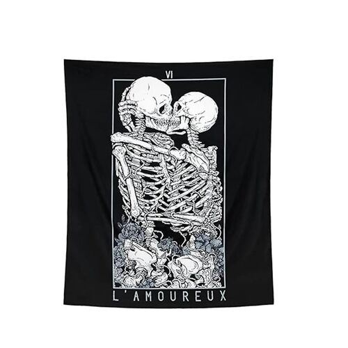 Tête de mort tapisserie baiser amant noir et blanc Tarot squelette fleur tapisserie Tenture murale plage Blan