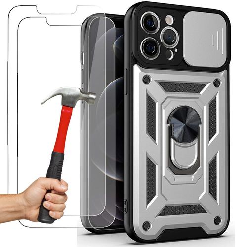 2 Verres Trempés + Coque Pour Iphone 12 Pro Max Argenté Antichoc Cache Caméra Anti-Rayure Rigide - E.F.Connection