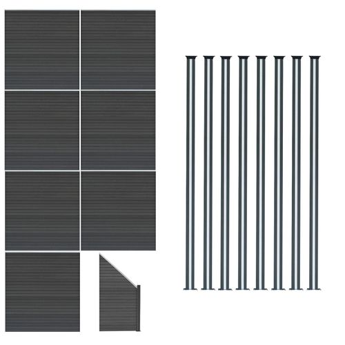 Kit Clôture Panneaux En Bois Composite Gris 7 Quadratique Et 1 Incliné 185 H X 13,1 M L & 8 Poteaux En Aluminium À Led Solaires Lames À Emboîter Texture Bois Reversible Pvc Brise-Vue Extérieur Jardin