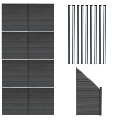Kit Clôture Panneaux En Bois Composite Gris 8 Quadratique Et 1 Incliné 185 H X 14,8 M L & 9 Poteaux En Aluminium À Led Solaires Lames À Emboîter Texture Bois Reversible Pvc Brise-Vue Extérieur Jardin