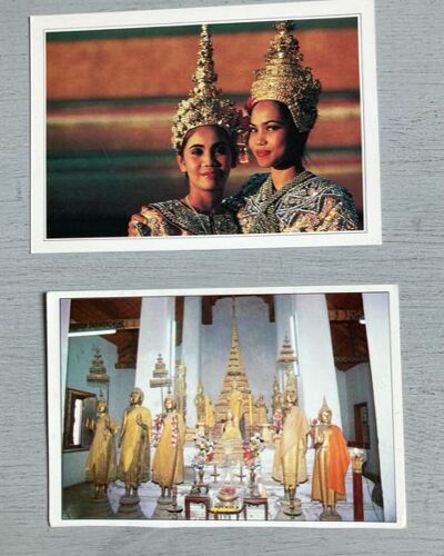 Thaïlande : 2 Cartes Postales (Bangkok, Danseuses Thaïlandaises, Texte Au Verso & Temple Of Dawn, Correspondance Au Verso) & 4 Timbres Oblitérés  (Dont 2 Sur Coin D'enveloppe)