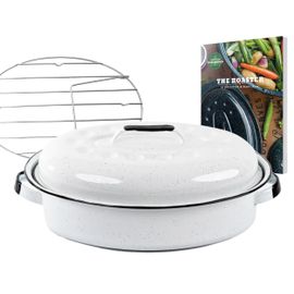 Graniteware - Cocotte Roaster Blanche Format Moyen | Acier Émaillé | Ovale | 4l | Ultra-Légère | Grille De Cuisson En Inox + Livre De 35 Recettes