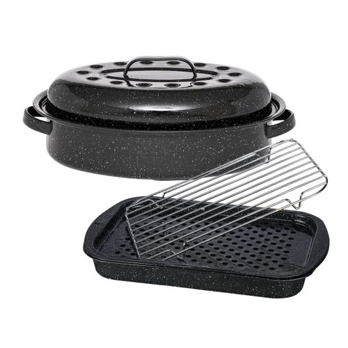Graniteware - Cocotte Roaster + Set 3 Pièces À  Griller : Plat À  Four, Grille À  Rôtir Et Plateau De Cuisson - Acier Émaillé