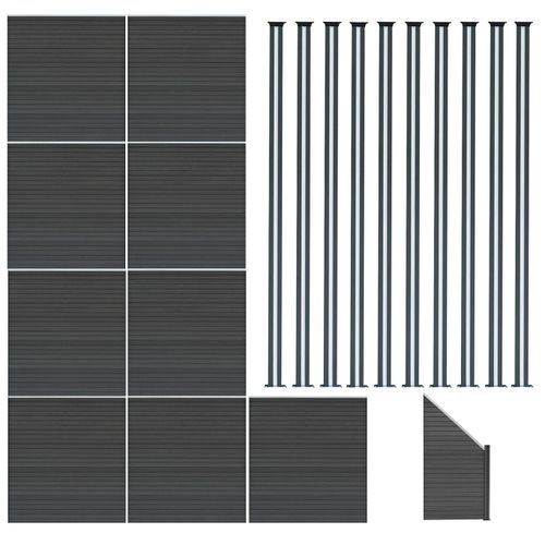 Kit Clôture Panneaux En Bois Composite Gris 9 Quadratique Et 1 Incliné 185 H X 16,6 M L & 10 Poteaux En Aluminium À Led Solaires Lames À Emboîter Texture Bois Reversible Pvc Brise-Vue Extérieur Jardin