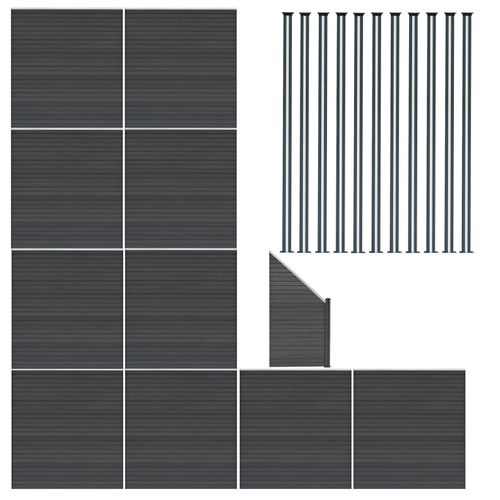 Kit Clôture Panneaux En Bois Composite Gris 10 Quadratique, 1 Incliné 185 H X 18,3 M L & 11 Poteaux En Aluminium À Led Solaires Lames À Emboîter Texture Bois Reversible Pvc Brise-Vue Extérieur Jardin