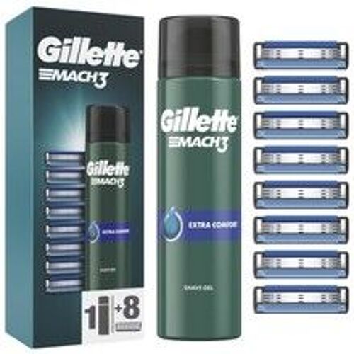 Gillette - Gillette Mach3 Extra Comfort Shave Gel Set ( 8 Ks ) - Náhradní Hlavice + Gel Na Holení 200ml 