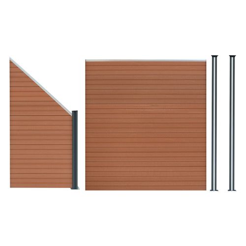 Kit Clôture Panneaux En Bois Composite Brun 1 Quadratique Et 1 Incliné 185 H X 273 Cm L & 2 Poteaux En Aluminium À Led Solaires Lames À Emboîter Texture Bois Reversible Pvc Brise-Vue Extérieur Jardin