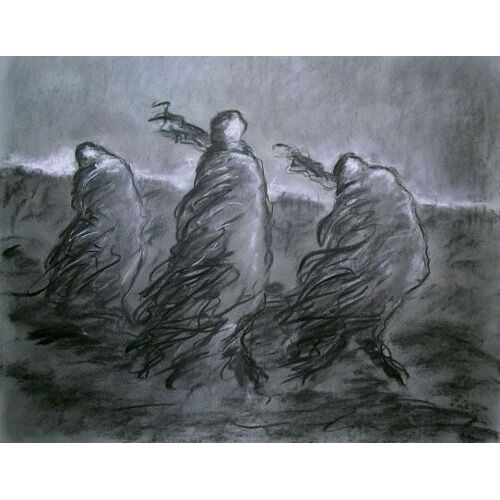 Fusain Sur Papier. En Chemin