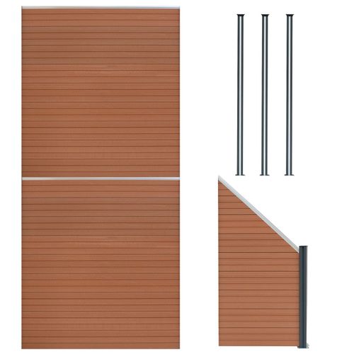 Kit Clôture Panneaux En Bois Composite Brun 2 Quadratique Et 1 Incliné 185 H X 446 Cm L & 3 Poteaux En Aluminium À Led Solaires Lames À Emboîter Texture Bois Reversible Pvc Brise-Vue Extérieur Jardin