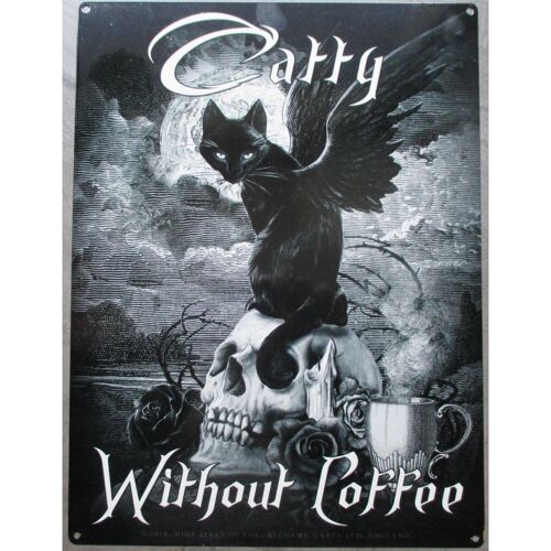Plaque Catty Withou Coffe Chat Dragon Noir Sur Un Crane 40x30cm Tole Alchemy