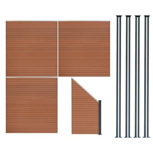 Kit Clôture Panneaux En Bois Composite Brun 3 Quadratique Et 1 Incliné 185 H X 619 Cm L & 4 Poteaux En Aluminium À Led Solaires Lames À Emboîter Texture Bois Reversible Pvc Brise-Vue Extérieur Jardin