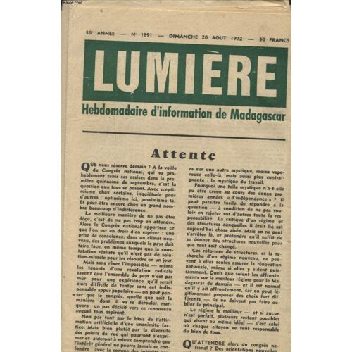 Lumiere N°1891 20 Aout 1972 : Les Plus Grandes Assises Nationales Que Madagascar Ait Jamais Connues