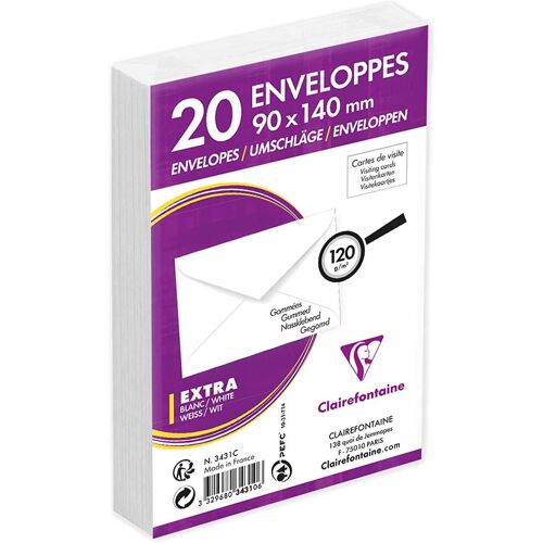 Clairefontaine Paquet De 20 Enveloppe Visite Gommée 90x140 120g Blanc