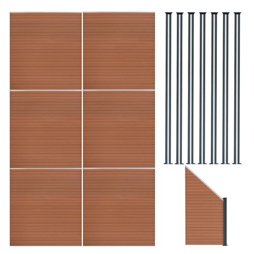 Kit Clôture Panneaux En Bois Composite Brun 6 Quadratique Et 1 Incliné 185 H X 11,4 M L & 7 Poteaux En Aluminium À Led Solaires Lames À Emboîter Texture Bois Reversible Pvc Brise-Vue Extérieur Jardin