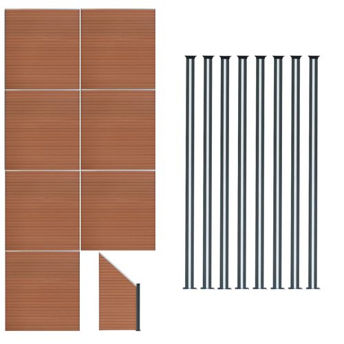 Kit Clôture Panneaux En Bois Composite Brun 7 Quadratique Et 1 Incliné 185 H X 13,1 M L & 8 Poteaux En Aluminium À Led Solaires Lames À Emboîter Texture Bois Reversible Pvc Brise-Vue Extérieur Jardin