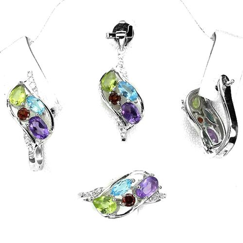 Parure Améthyste Grenat Péridot Topaze . Argent 925 Pendentif + Chaine, Bague, Boucles D'oreille.
