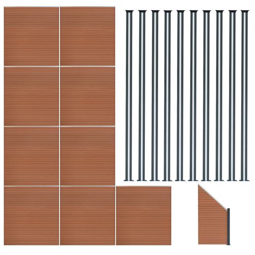 Kit Clôture Panneaux En Bois Composite Brun 9 Quadratique Et 1 Incliné 185 H X 16,6 M L & 10 Poteaux En Aluminium À Led Solaires Lames À Emboîter Texture Bois Reversible Pvc Brise-Vue Extérieur Jardin